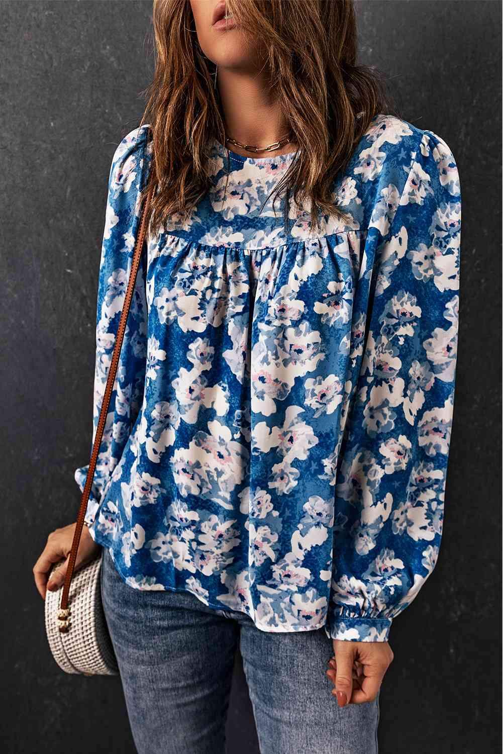 Floral Balloon Sleeve Round Neck Blouse Blue 2XL Blouses - Tophatter Daily Deals