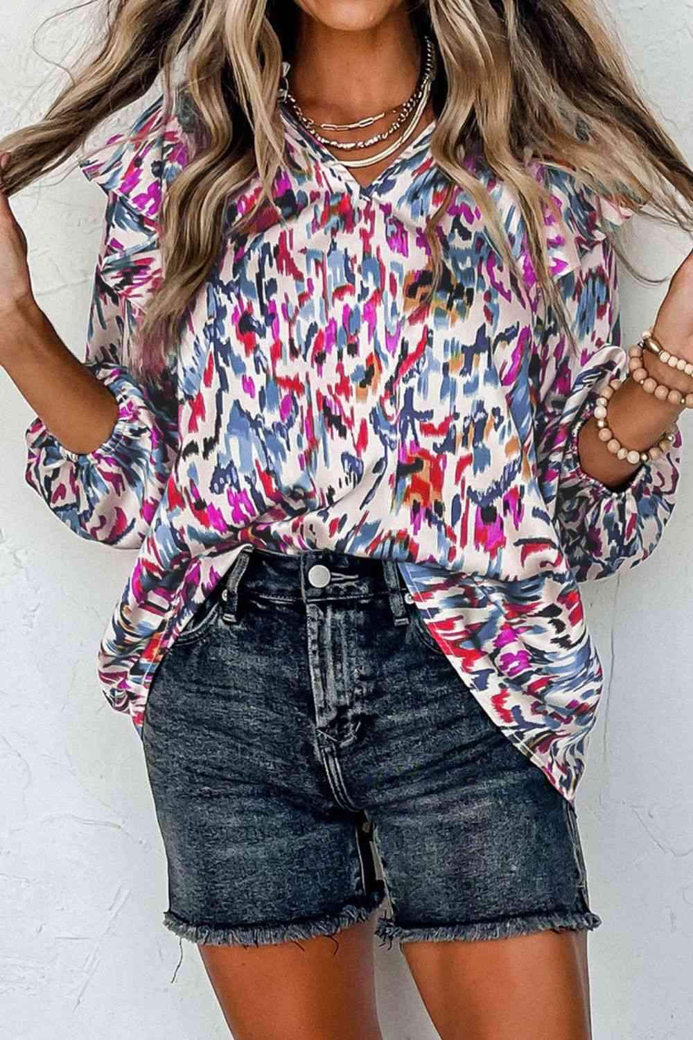 Printed Nochted Neck Ruffled Blouse Lilac Blouses - Tophatter Daily Deals