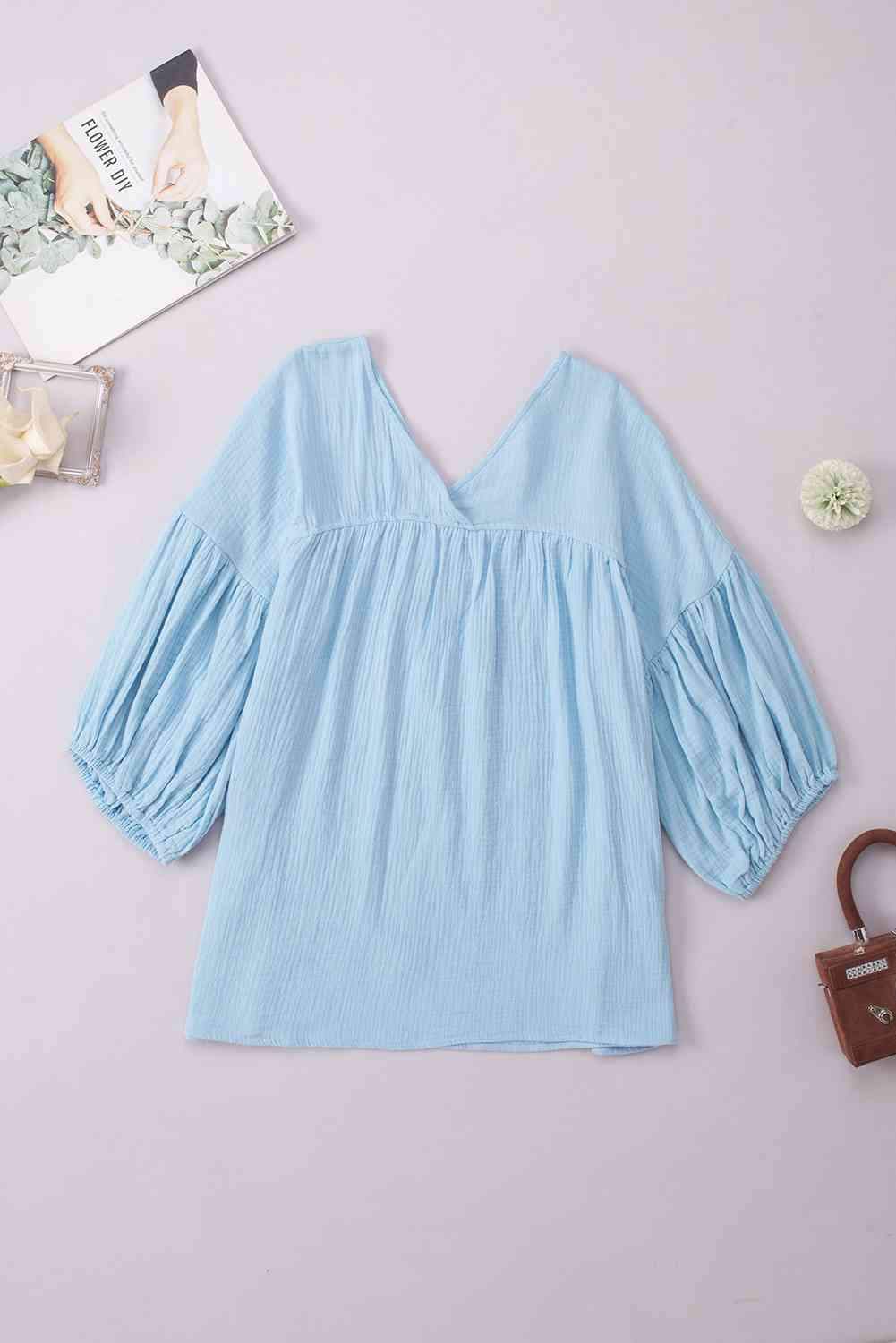 Dropped Shoulder V-Neck Blouse Blouses - Tophatter Daily Deals