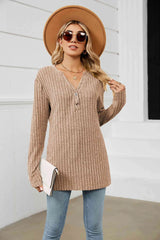 Notched Neck Ribbed Long Sleeve T-Shirt Tan Women's T-Shirts - Tophatter Daily Deals
