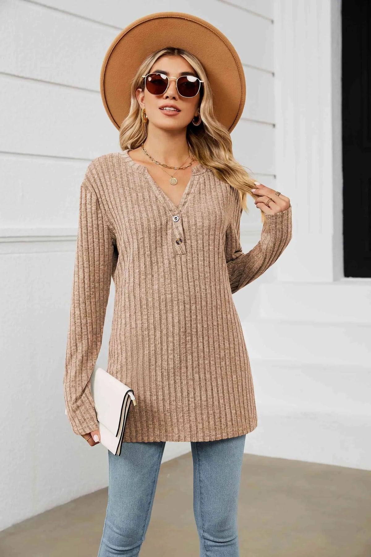 Notched Neck Ribbed Long Sleeve T-Shirt Tan Women's T-Shirts - Tophatter Daily Deals
