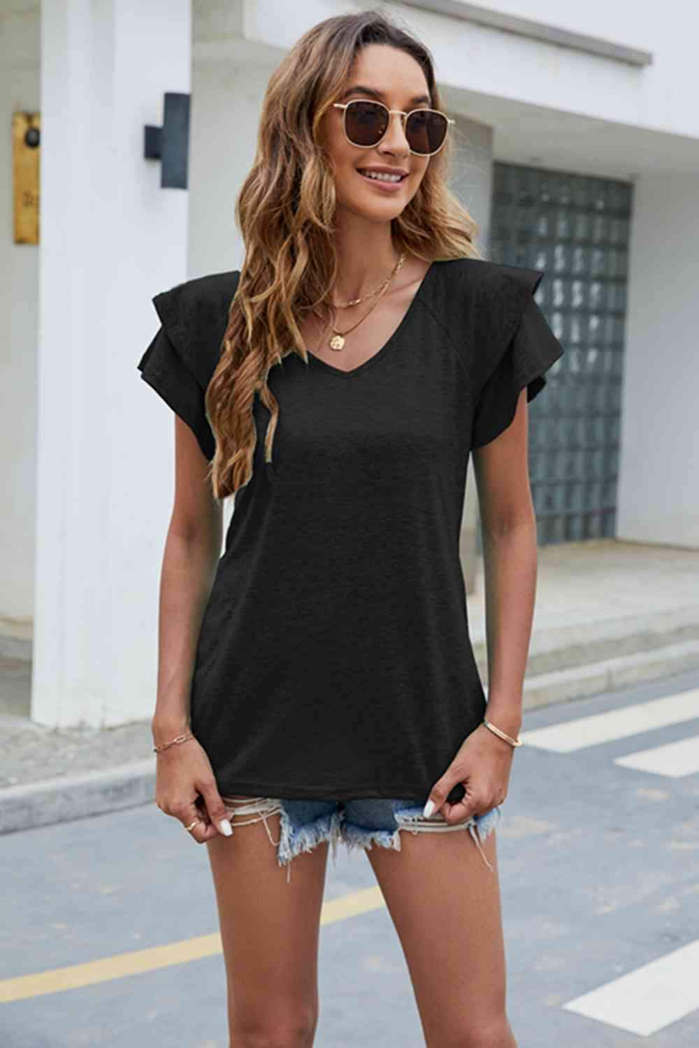 V-Neck Flutter Sleeve T-Shirt Women's T-Shirts - Tophatter Daily Deals