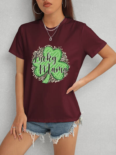 LUCKY MAMA Round Neck T-Shirt Wine Women's T-Shirts - Tophatter Daily Deals