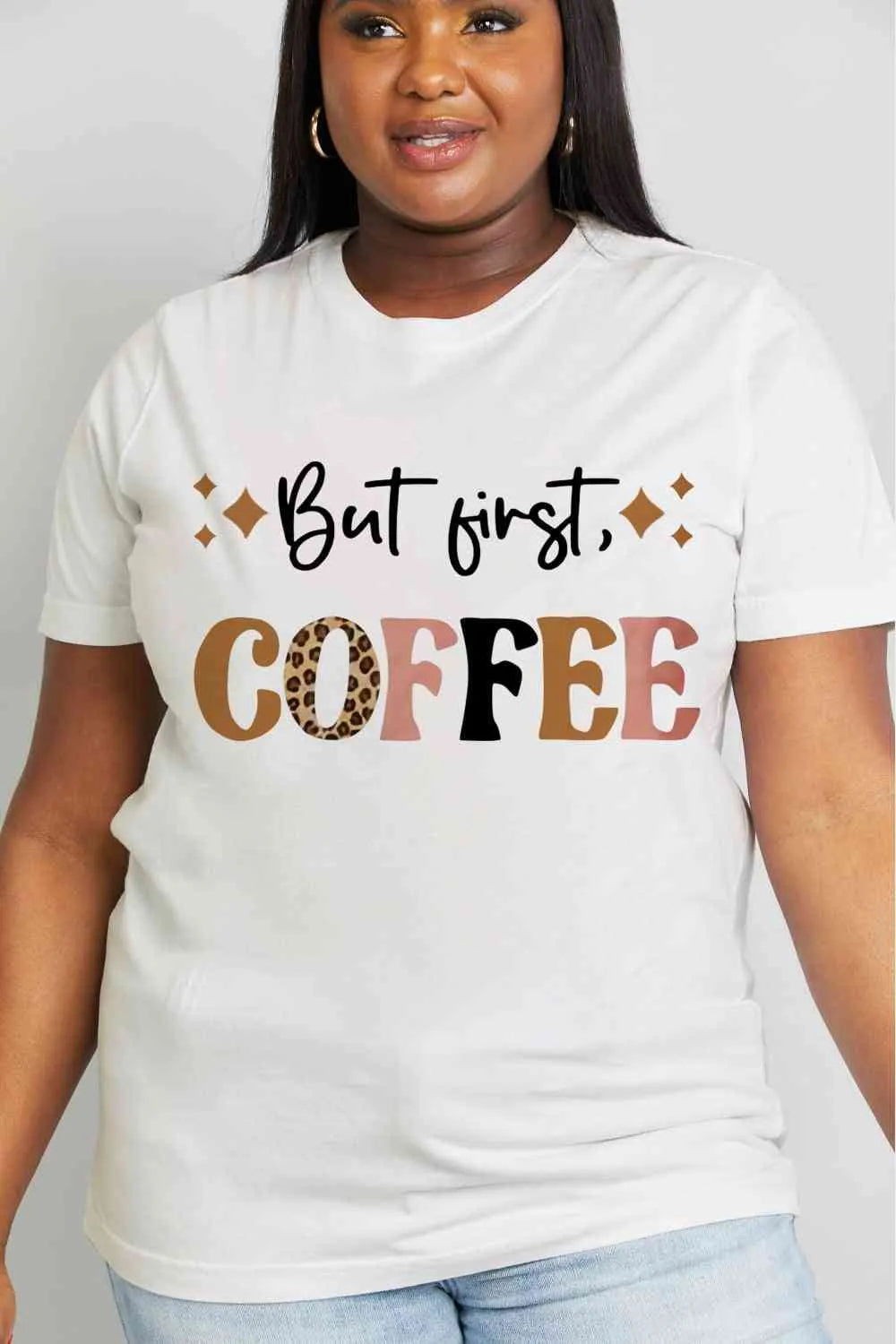 Simply Love Full Size BUT FIRST COFFEE Graphic Cotton Tee Women's T-Shirts - Tophatter Daily Deals