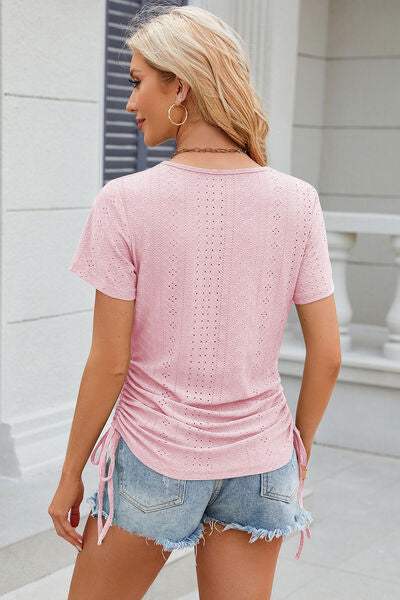 Eyelet Round Neck Short Sleeve T-Shirt Women's T-Shirts - Tophatter Daily Deals