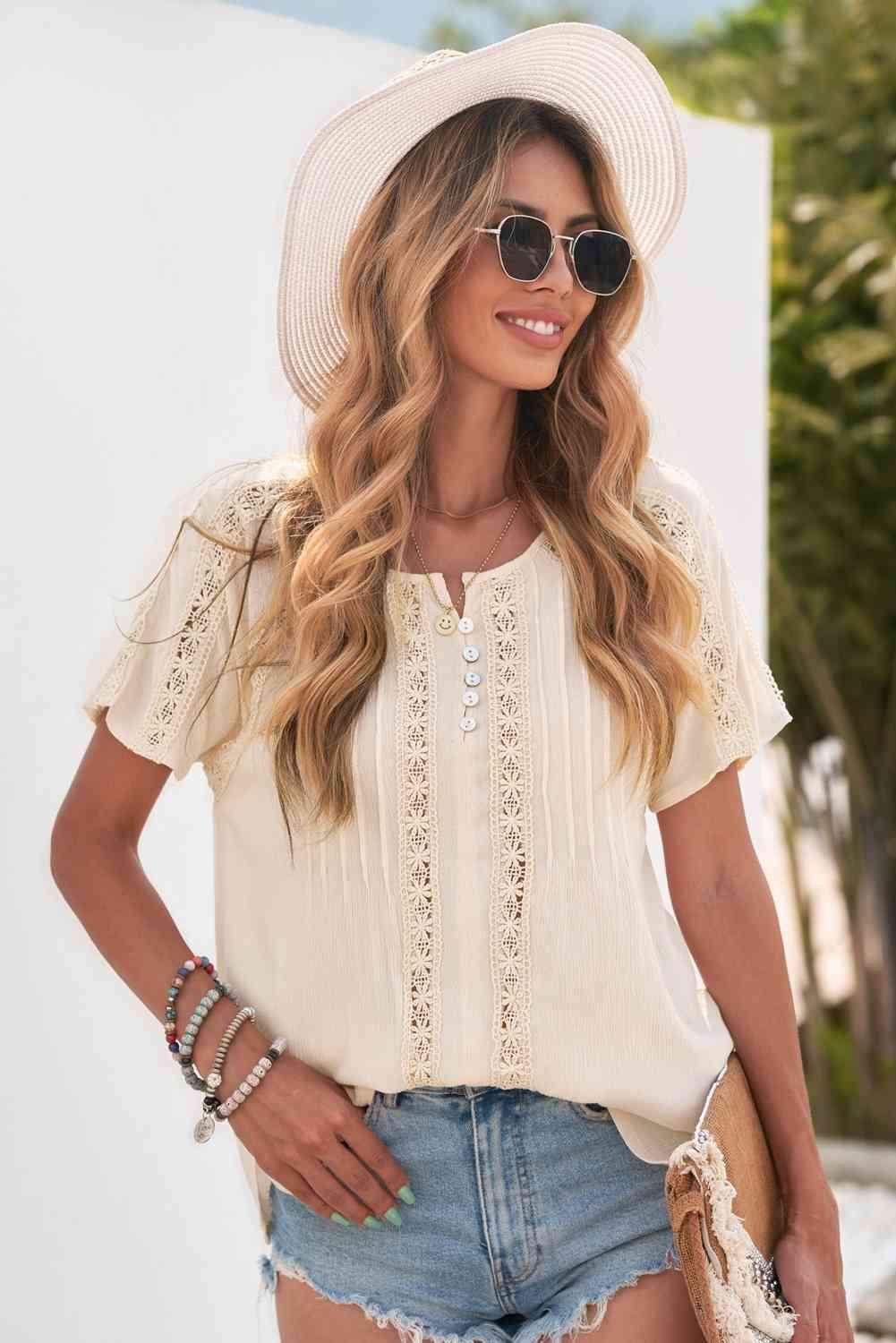 Crochet Eyelet Buttoned Short Sleeves Top Blouses - Tophatter Daily Deals