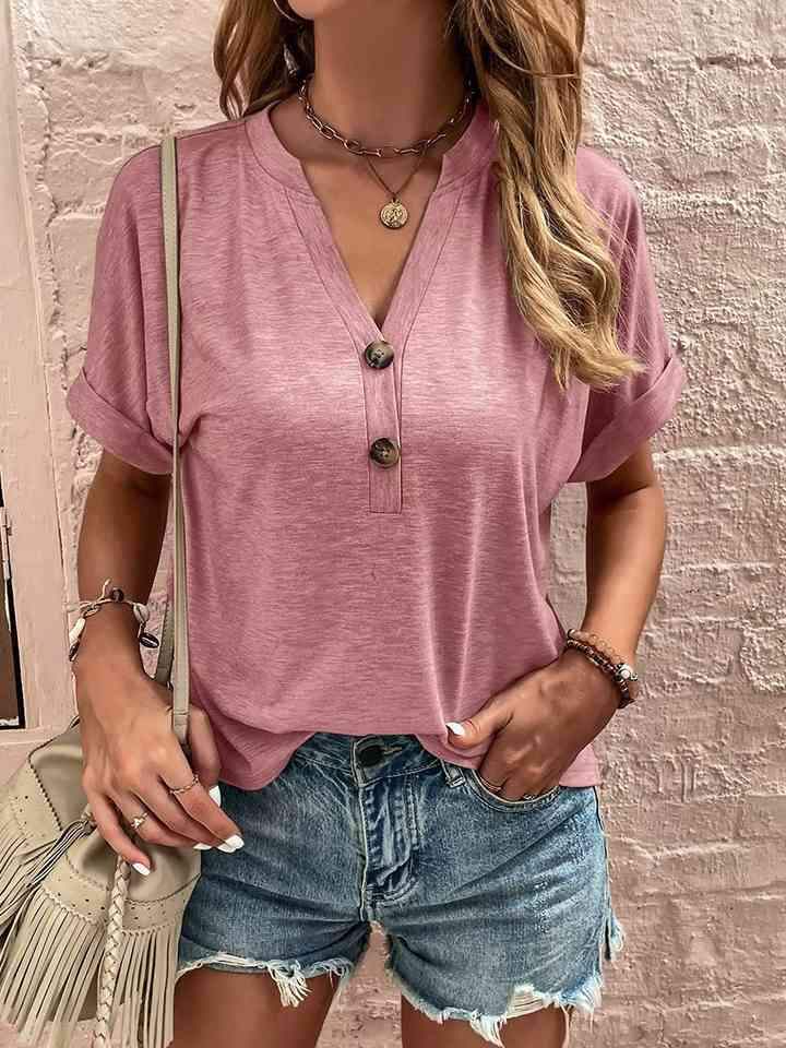 Notched Neck Short Sleeve Blouse Blouses - Tophatter Daily Deals