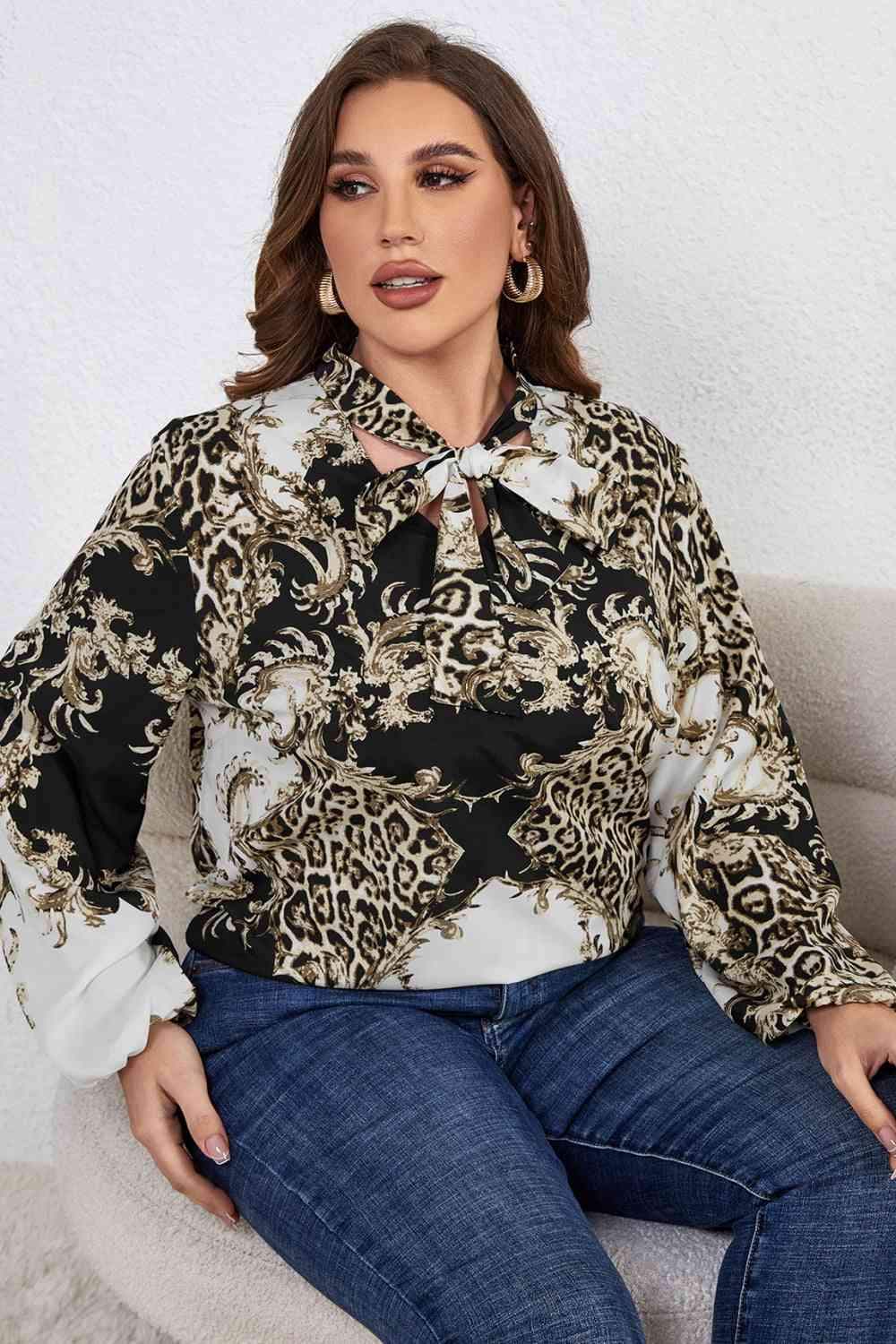 Melo Apparel Plus Size Printed Tie Neck Long Sleeve Blouse Blouses - Tophatter Daily Deals