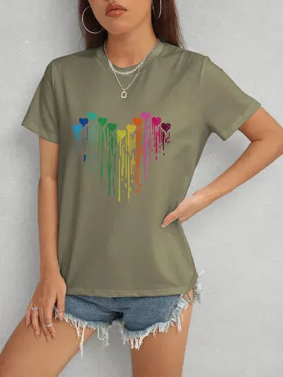 Heart Round Neck Short Sleeve T-Shirt Women's T-Shirts - Tophatter Daily Deals
