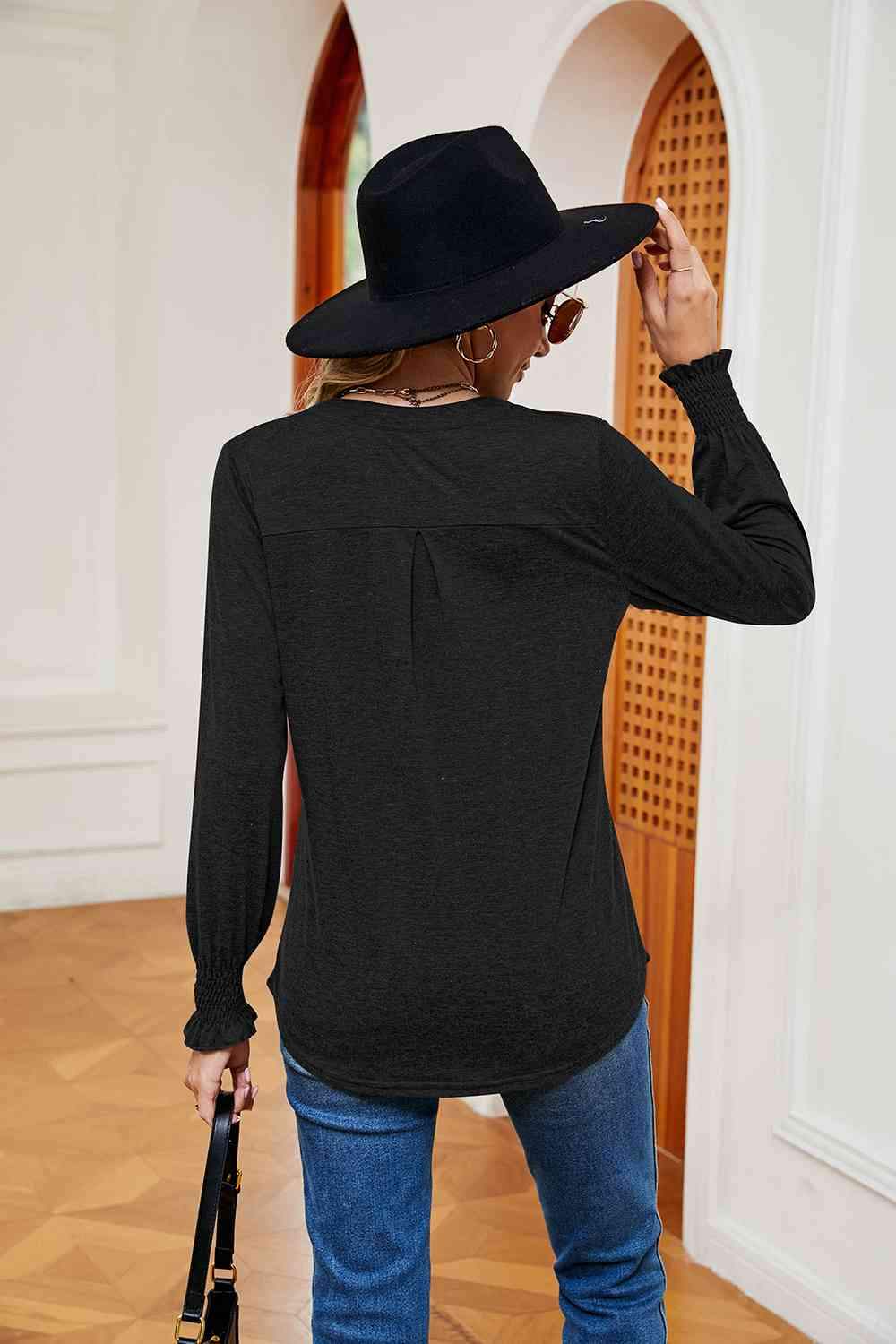 Notched Neck Long Sleeve Blouse Blouses - Tophatter Daily Deals