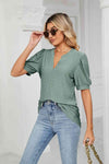 Eyelet Short Puff Sleeve Notched Neck Top Blouses - Tophatter Daily Deals