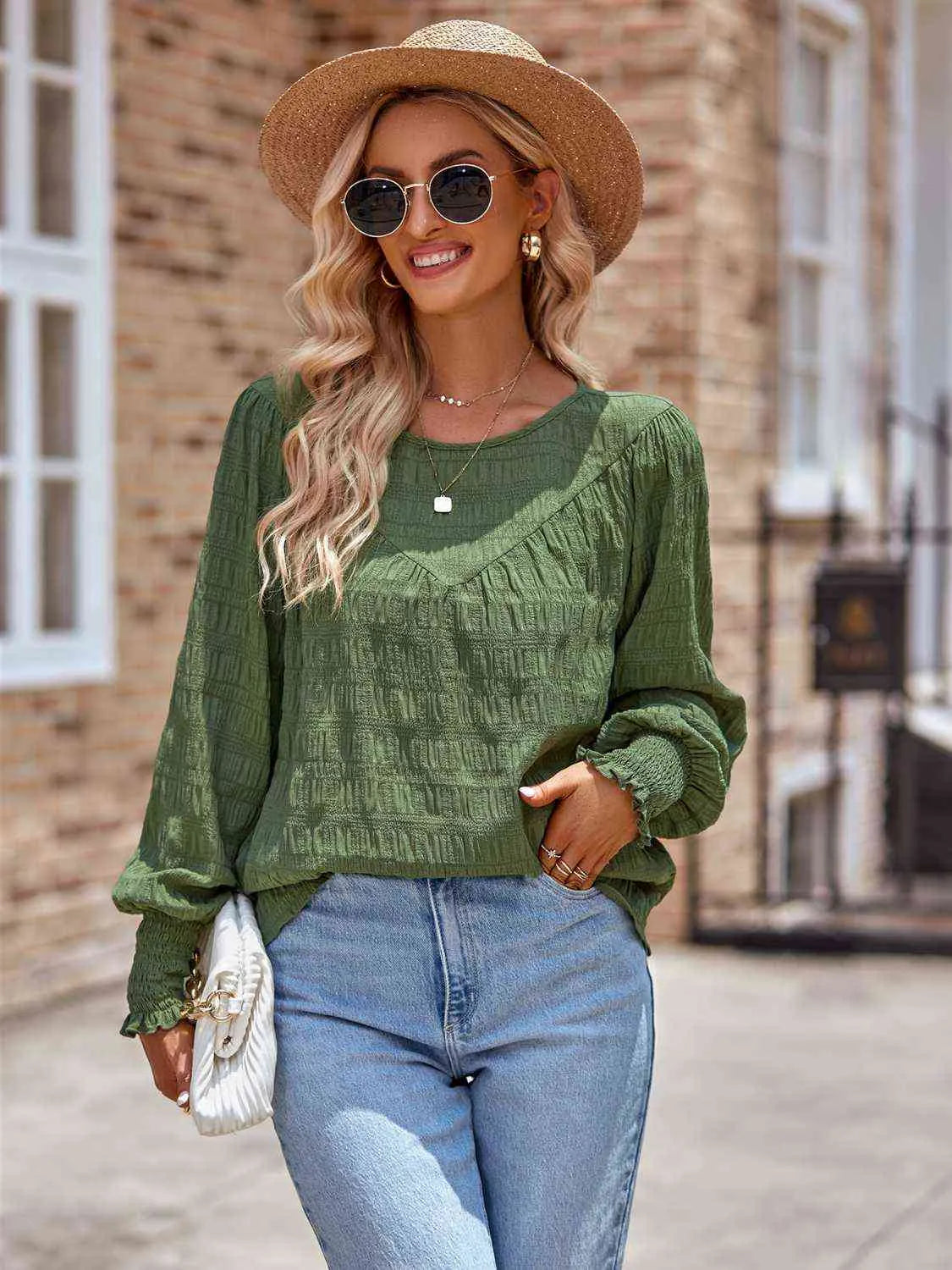 Round Neck Lantern Sleeve Blouse Blouses - Tophatter Daily Deals