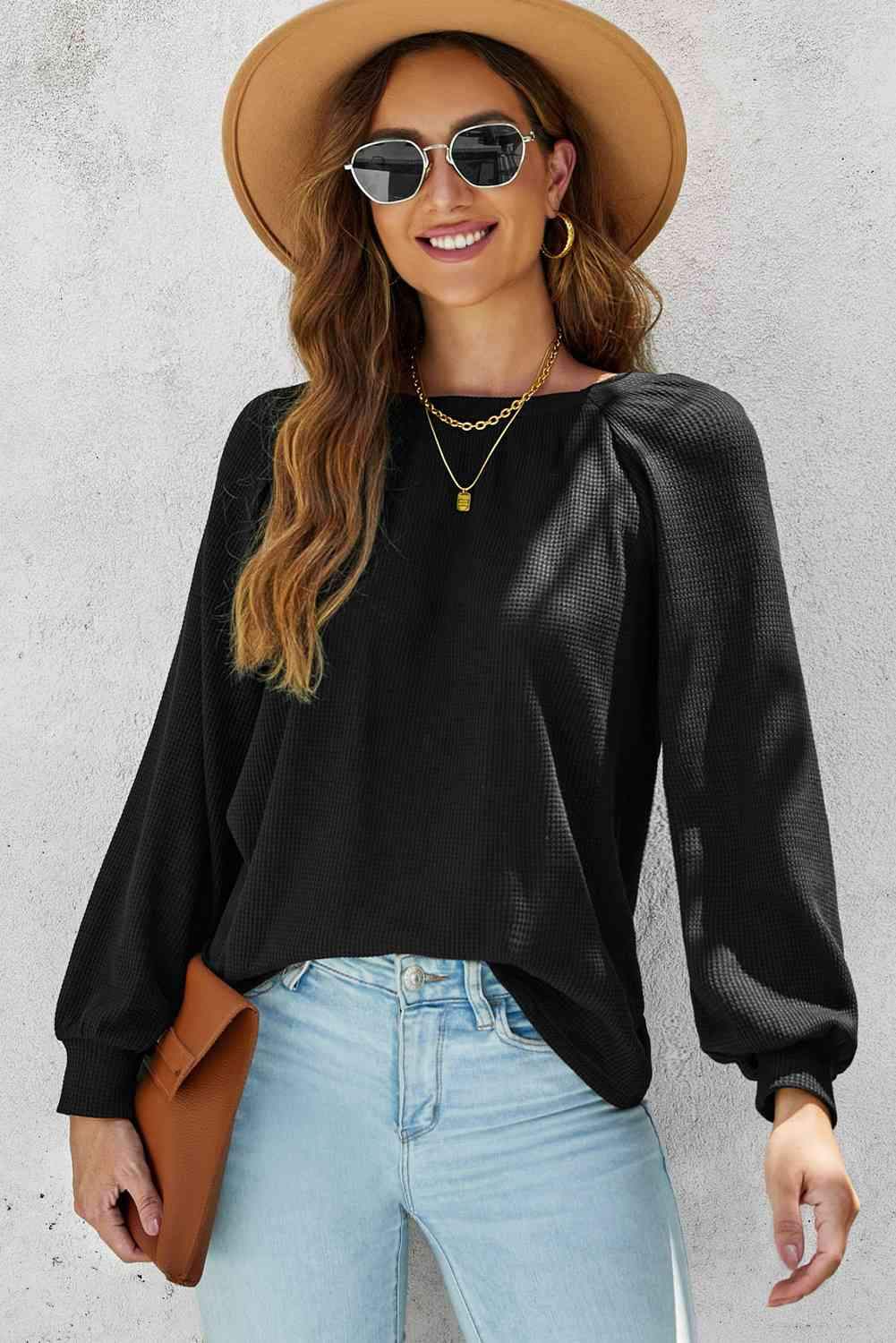 Waffle-Knit Long Raglan Sleeve Top Black Blouses - Tophatter Daily Deals