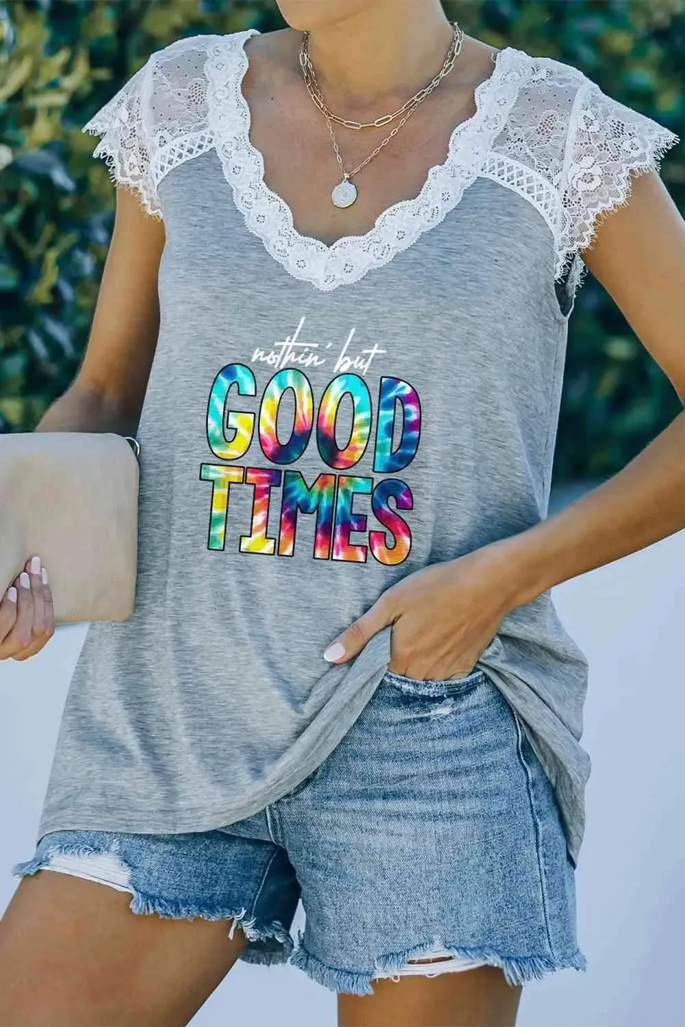 Lace Trim V-Neck NOTHIN BUT GOOD TIMES Graphic Tee Light Gray Women's T-Shirts - Tophatter Daily Deals