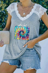 Lace Trim V-Neck NOTHIN BUT GOOD TIMES Graphic Tee Light Gray Women's T-Shirts - Tophatter Daily Deals