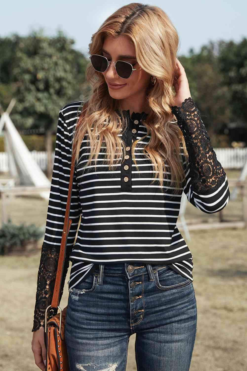 Striped Button-Up Lace Detail Long Sleeve Blouse Blouses - Tophatter Daily Deals