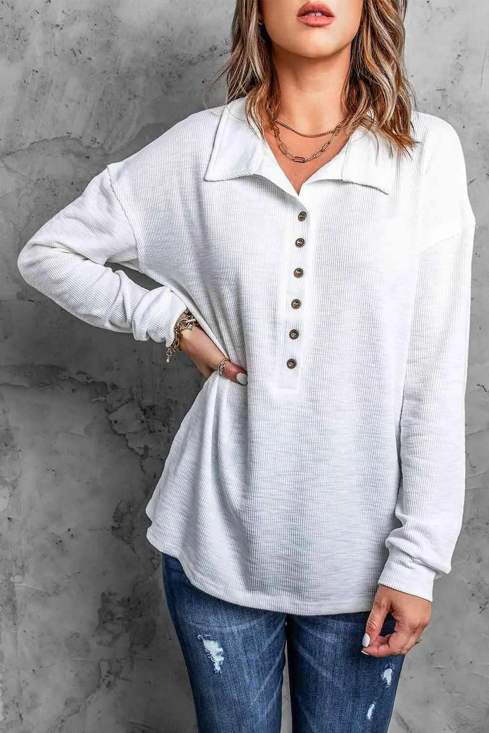 Half Button Collared Knit Top Blouses - Tophatter Daily Deals
