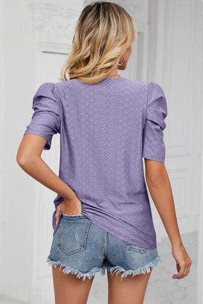 Eyelet Round Neck Puff Sleeve T-Shirt Women's T-Shirts - Tophatter Daily Deals