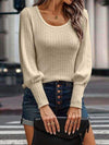 Ribbed Round Neck Lantern Sleeve Knit Top Tan Blouses - Tophatter Daily Deals