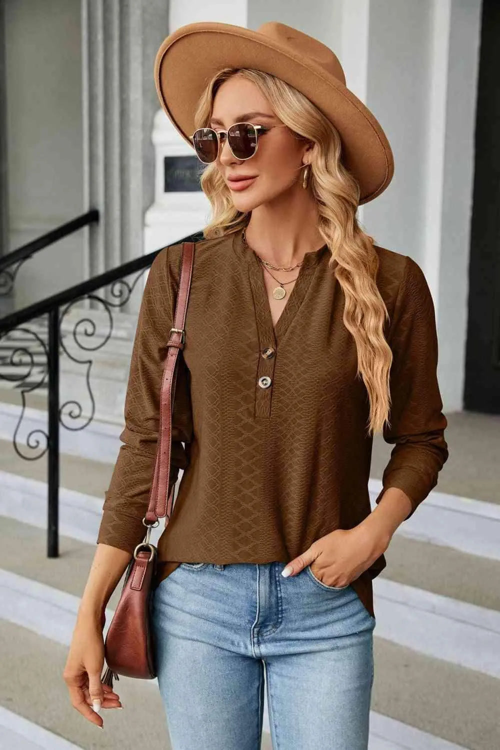 Notched Neck Long Sleeve Buttoned Blouse Blouses - Tophatter Daily Deals