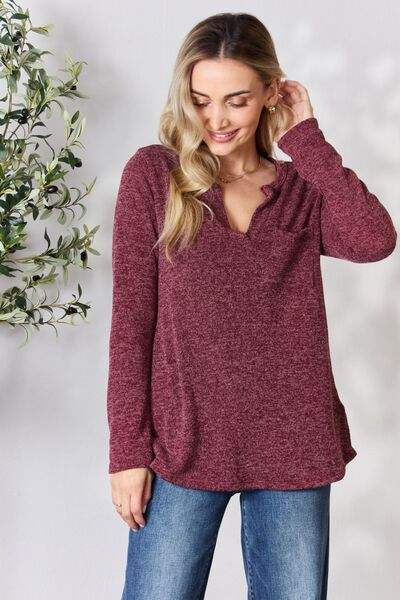 Heimish Full Size Notched Long Sleeve Top Blouses - Tophatter Daily Deals