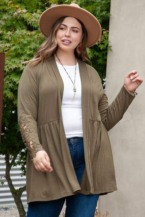 Plus Size Lace Detail Open Front Ruffle Hem Cardigan Moss Blouses - Tophatter Daily Deals