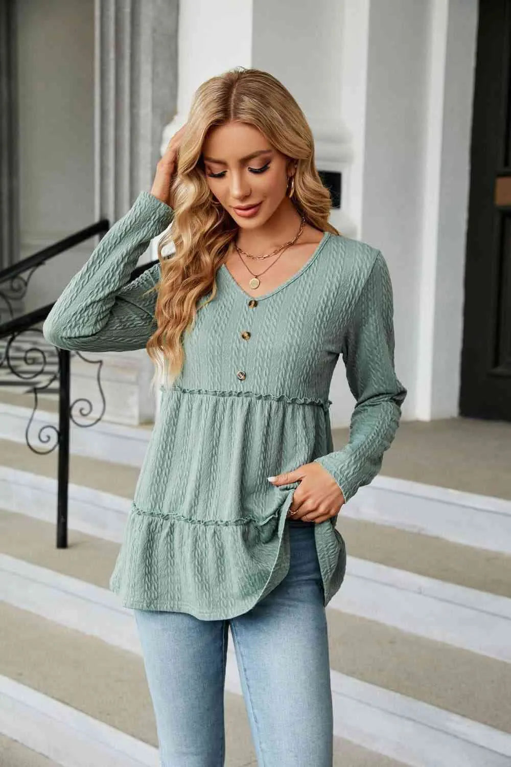 Long Sleeve V-Neck Cable-Knit Blouse Blouses - Tophatter Daily Deals