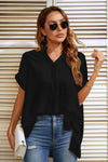 Notched Neck Slit Cuffed Blouse Blouses - Tophatter Daily Deals