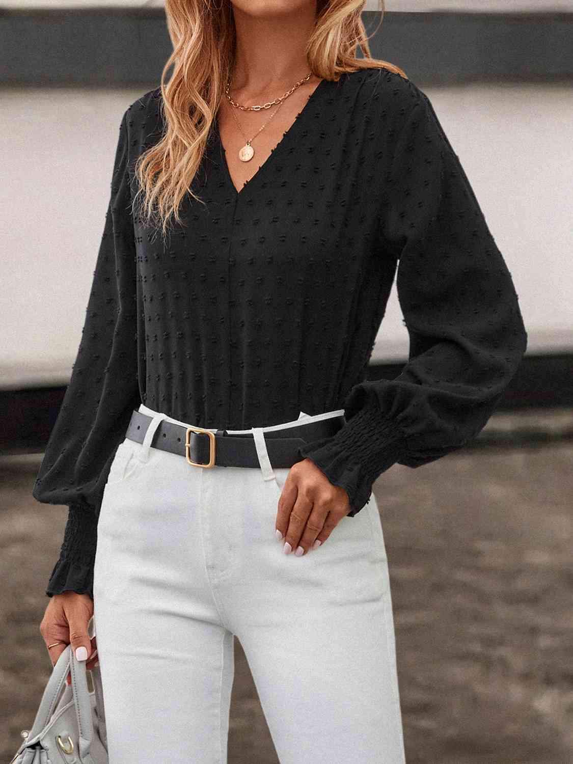 Swiss Dot V-NecK Lantern Sleeve Blouse Blouses - Tophatter Daily Deals