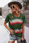 Multicolored Chevron Stripe Round Neck Side Slit T-Shirt Green Women's T-Shirts - Tophatter Daily Deals