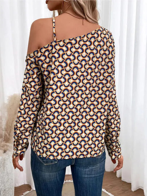 Printed Asymmetrical Neck Long Sleeve Top Blouses - Tophatter Daily Deals