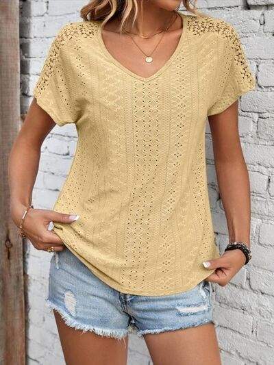 Eyelet V-Neck Short Sleeve T-Shirt Women's T-Shirts - Tophatter Daily Deals