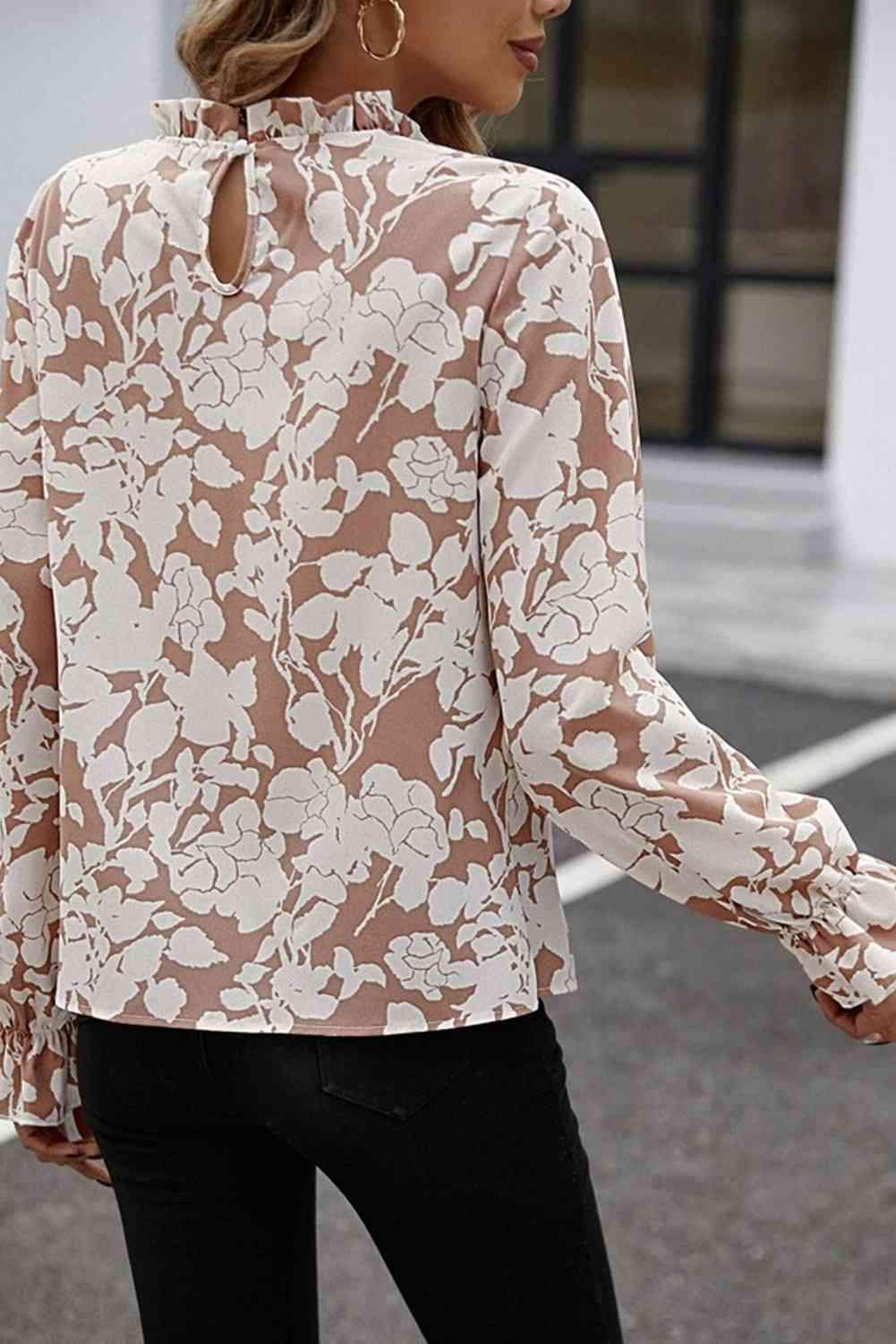 Floral Print Mock Neck Flounce Sleeve Blouse Blouses - Tophatter Daily Deals