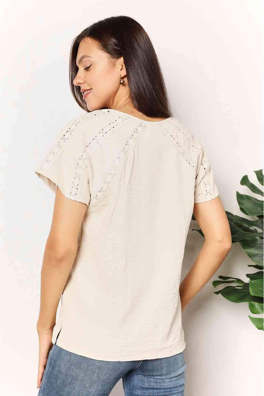 Double Take Crochet Buttoned Short Sleeves Top Blouses - Tophatter Daily Deals