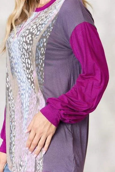 Celeste Full Size Color Block Printed Long Sleeve Top Blouses - Tophatter Daily Deals