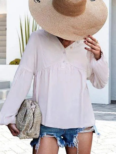 V-Neck Buttoned Balloon Sleeve Blouse Blouses - Tophatter Daily Deals