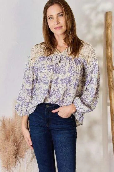 Hailey & Co Full Size Lace Detail Printed Blouse LILAC Blouses - Tophatter Daily Deals