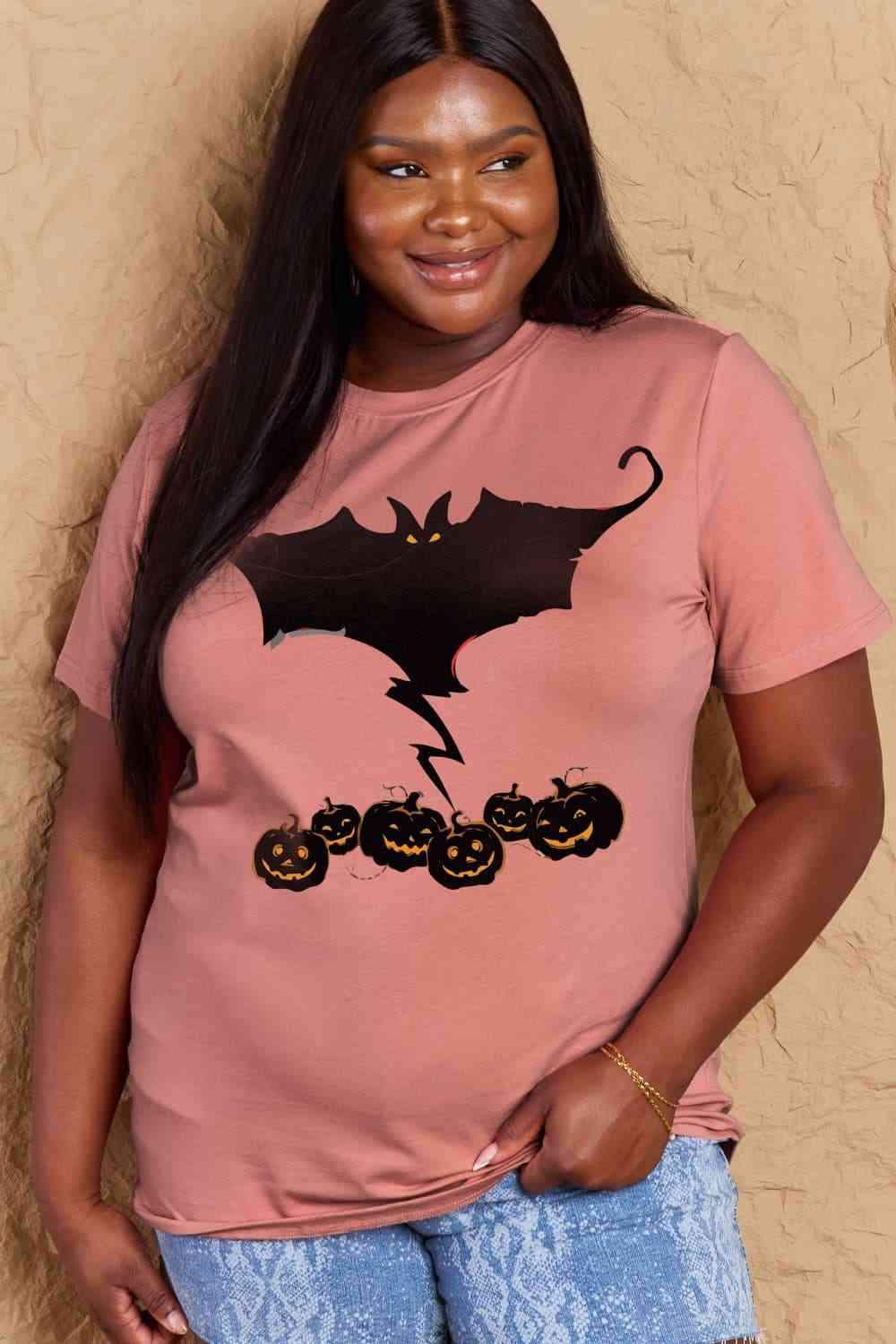 Simply Love Full Size Bat & Pumpkin Graphic Cotton T-Shirt Women's T-Shirts - Tophatter Daily Deals