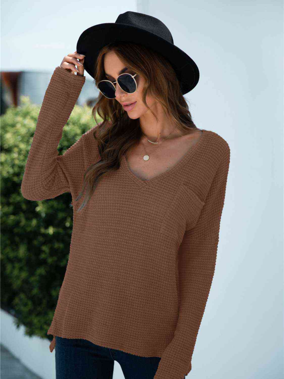 Plunge Slit T-Shirt with Pocket Camel Women's T-Shirts - Tophatter Daily Deals