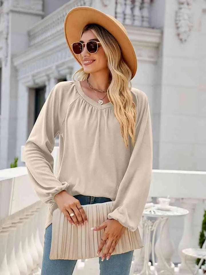 V-Neck Long Sleeve Blouse Blouses - Tophatter Daily Deals