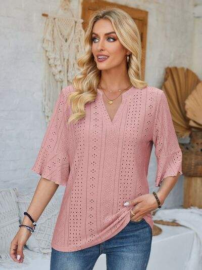 Eyelet Notched Half Sleeve T-Shirt Light Mauve Women's T-Shirts - Tophatter Daily Deals