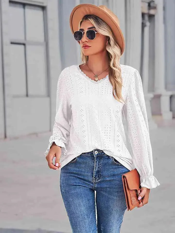 Eyelet V-Neck Flounce Sleeve Blouse White Blouses - Tophatter Daily Deals