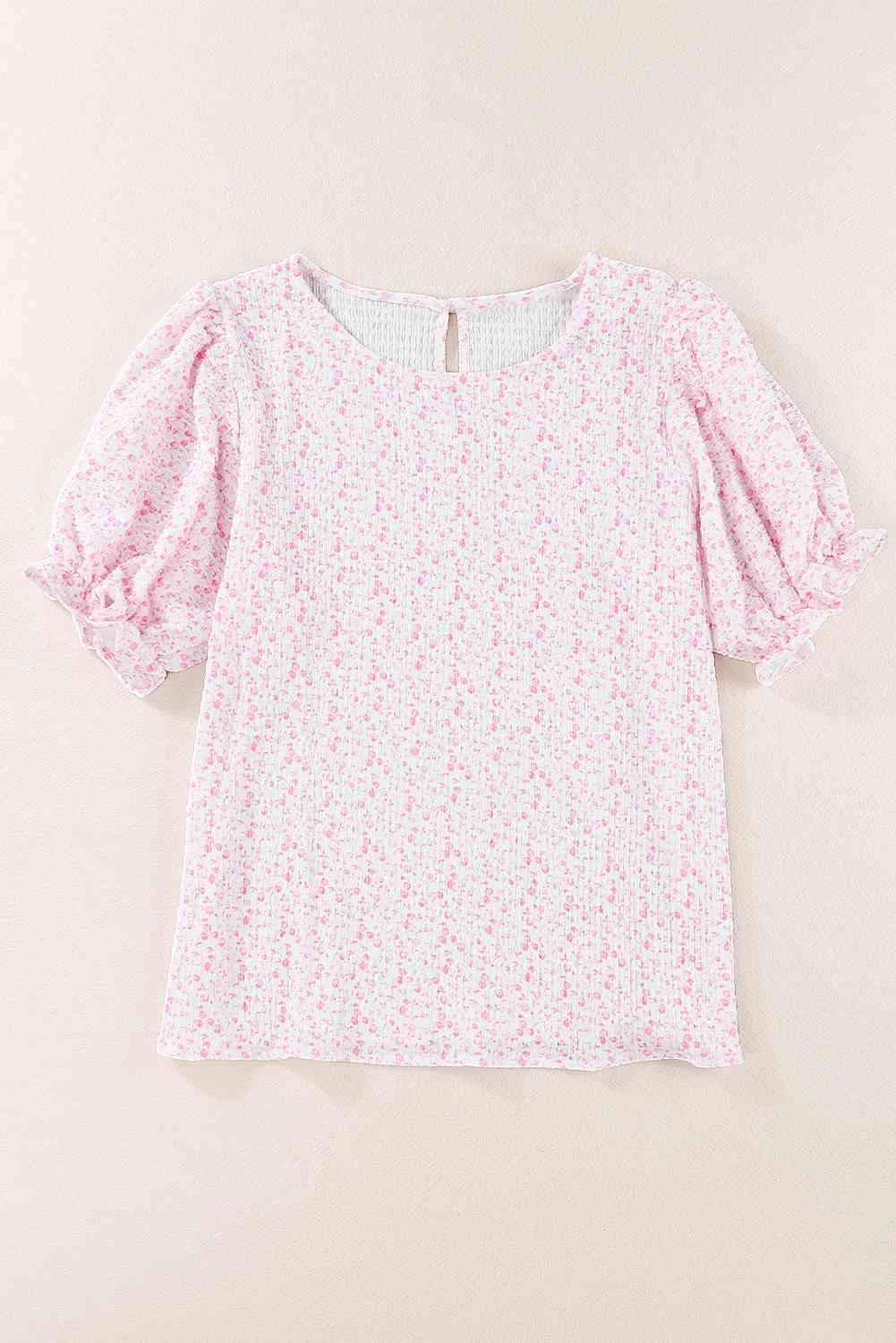 Printed Round Neck Half Flounce Sleeve Top Blush Pink Blouses - Tophatter Daily Deals