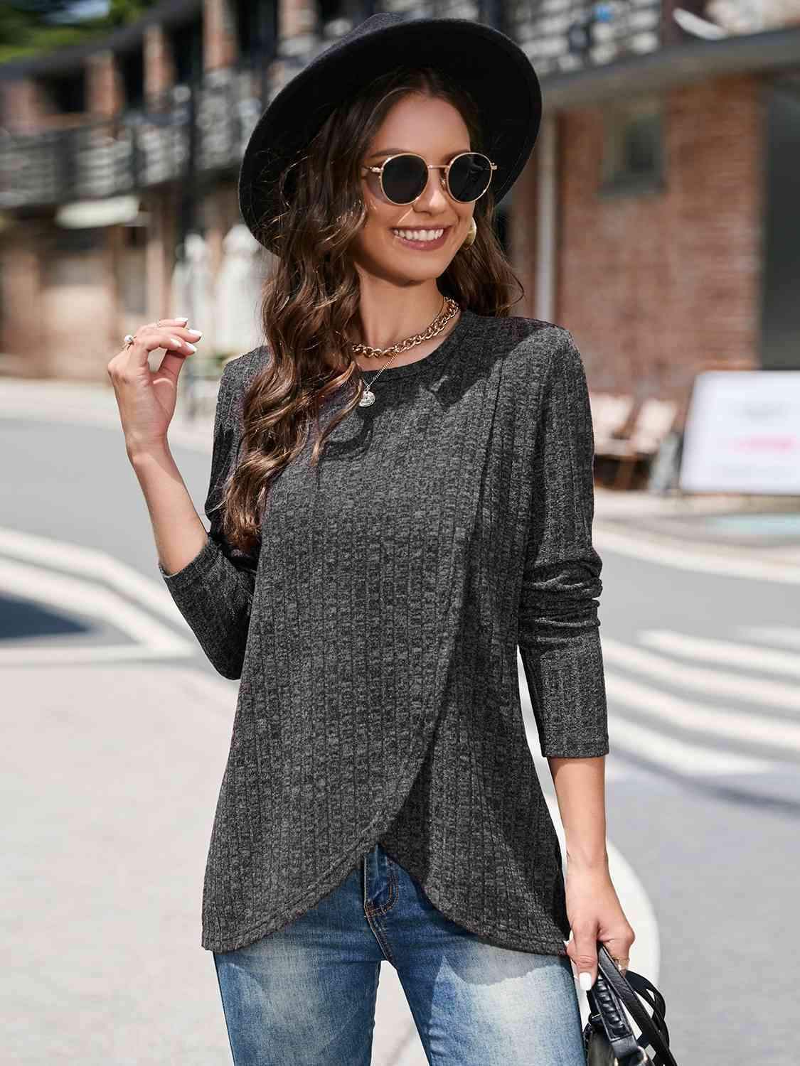 Round Neck Long Sleeve T-Shirt Charcoal Women's T-Shirts - Tophatter Daily Deals