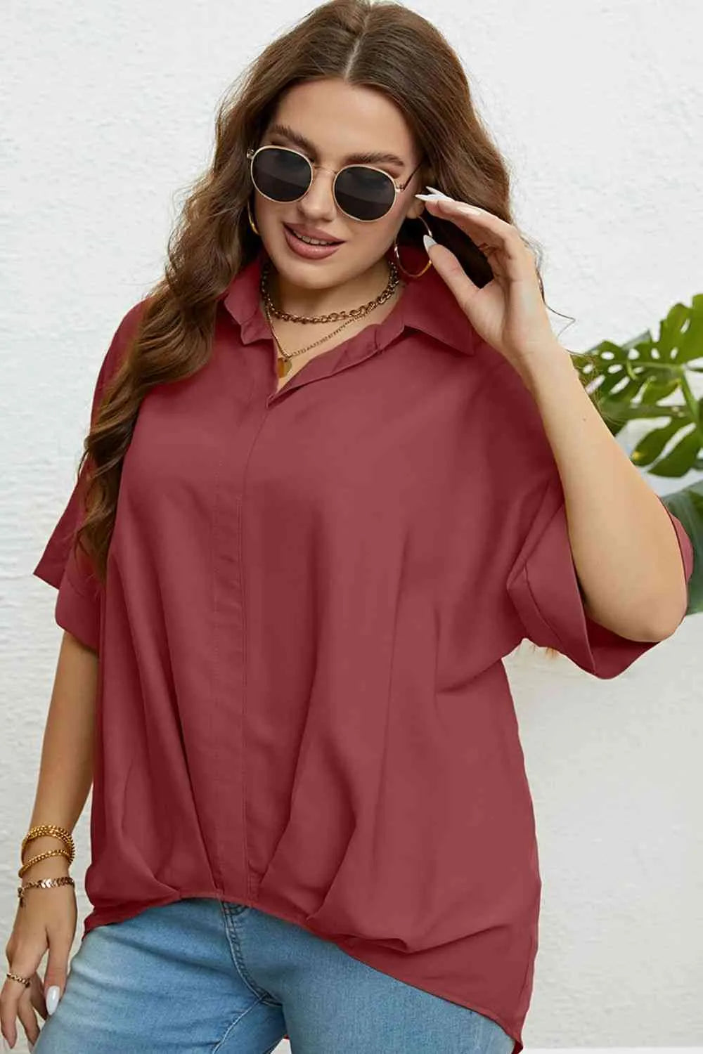 Plus Size Collared Half Sleeve Hem Detail Top Blouses - Tophatter Daily Deals