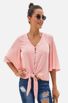 Button Tie Top Pink Blouses - Tophatter Daily Deals