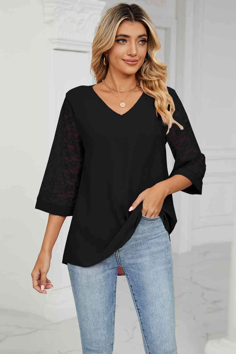 V-Neck Three-Quarter Sleeve Top Women's T-Shirts - Tophatter Daily Deals