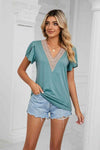 Contrast Trim Petal Sleeve V-Neck Top Teal Blouses - Tophatter Daily Deals