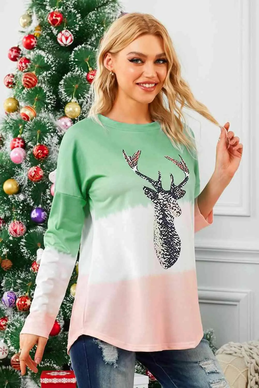 Reindeer Graphic Color Block Long Sleeve T-Shirt Women's T-Shirts - Tophatter Daily Deals