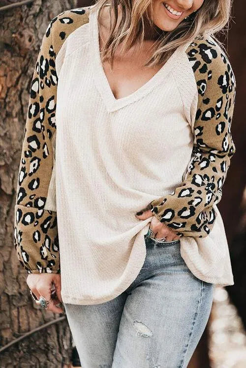 Plus Size Leopard V-Neck Raglan Sleeve Blouse White Blouses - Tophatter Daily Deals